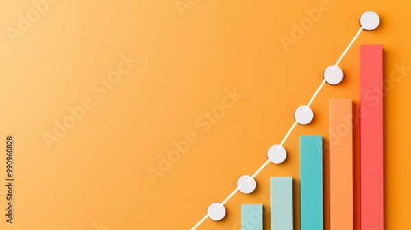 Fototapeta Colorful Bar Graph with Rising Trend Line on Orange Background
