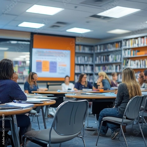 Obraz Educational program overview being discussed by educators in a meeting, collaborative environment, sharp focus, bright lighting.