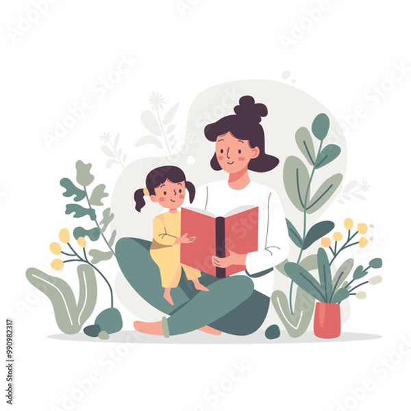 Obraz Mother and child reading book together.  Mom and girl kid relax with fairytale book. Flat vector illustration isolated on white background