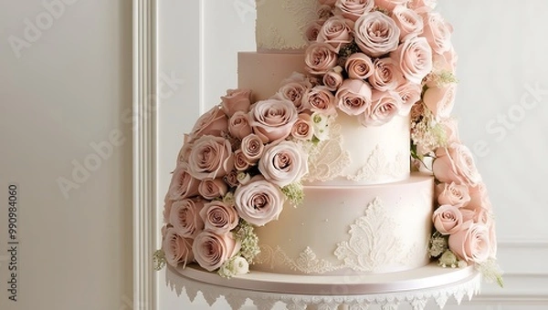 Fototapeta  A majestic, multi-tiered wedding cake adorned with a lavish cascade of fresh, velvety roses in soft, blush hues, perfectly arranged to resemble a delicate, overflowing bouquet.