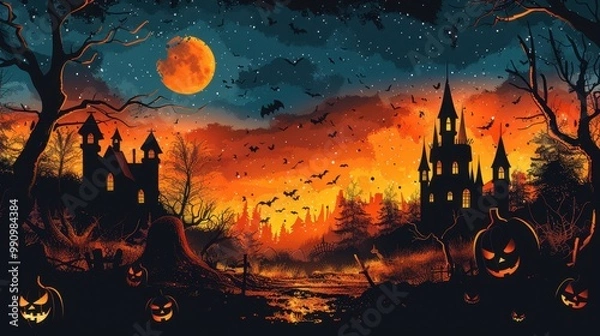 Fototapeta Design black silhouette illustrations of spooky Halloween Haunted house props in set of collection ,with bold lines and simple design, placed on a white background 