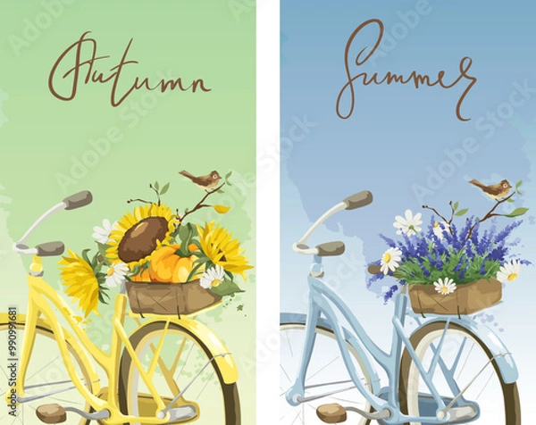 Fototapeta Retro bike with baskets of flowers. Set narrow vertical vector banners with sunflowers, pumpkins, lavender, chamomile and little bird, autumn and summer time.	
