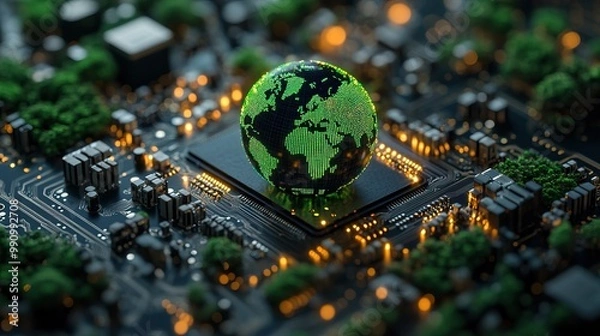 Obraz A concept highlighting green technology with a world icon on a circuit board, focusing on environmental innovations, green computing, CSR, and IT ethics.