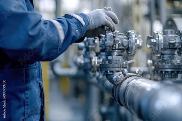 Fototapeta A worker adjusts a valve on industrial piping in a facility.