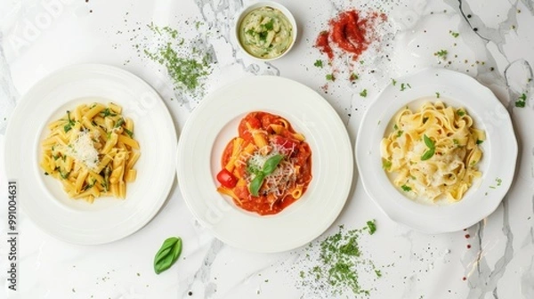 Fototapeta Three plates of colorful pasta dishes with garnishes are artfully arranged on a white marble surface, highlighting culinary diversity and creativity.