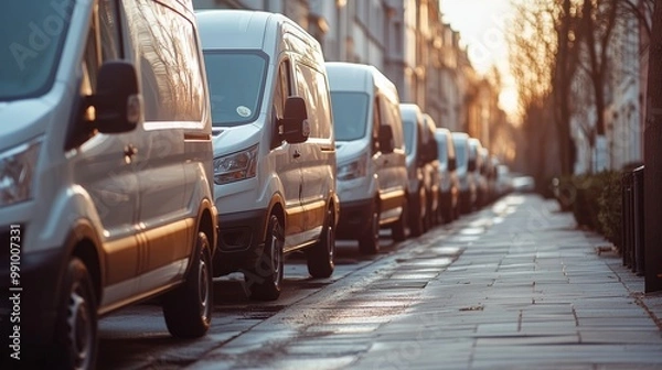 Fototapeta row of white delivery vehicles parked on the side