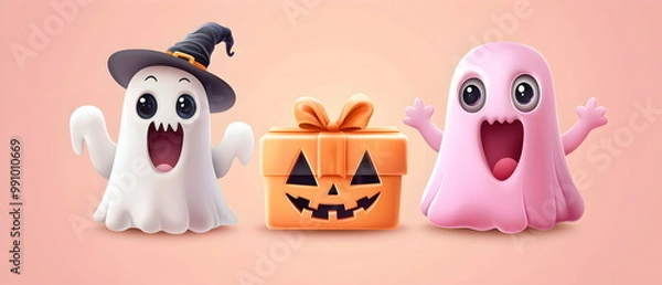 Fototapeta set of 3 Halloween cute characters in 3d clay design, including a gift box in a kawaii Happy Halloween concept, adorable and festive, isolated on a clean background