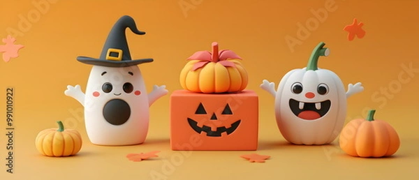 Fototapeta set of 3 Halloween cute characters in 3d clay design, including a gift box in a kawaii Happy Halloween concept, adorable and festive, isolated on a clean background