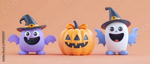Fototapeta set of 3 Halloween cute characters in 3d clay design, including a gift box in a kawaii Happy Halloween concept, adorable and festive, isolated on a clean background