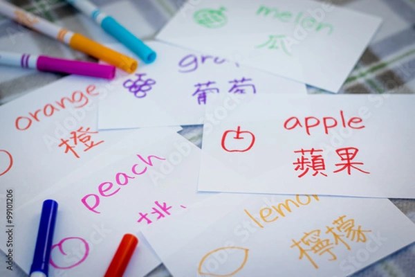 Fototapeta Mandarin; Learning New Language with Fruits Name Flash Cards