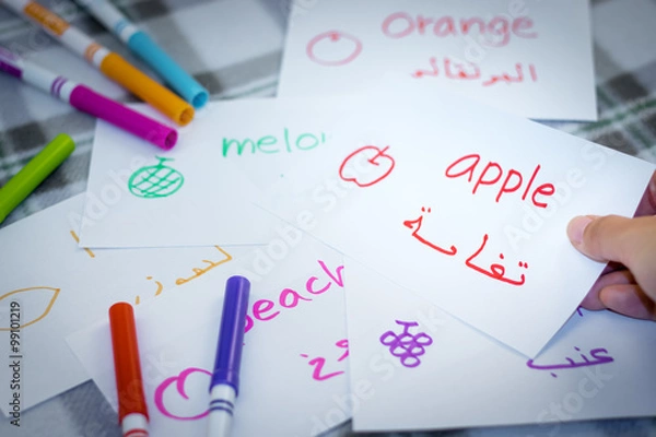 Fototapeta Arabic; Learning New Language with Fruits Name Flash Cards