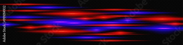 Fototapeta Abstract red and blue neon light streaks layered diagonally on a dark background, creating a dynamic and futuristic visual effect.