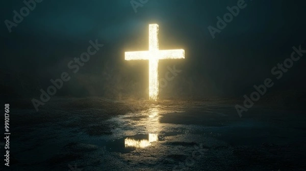 Fototapeta A glowing cross stands tall in the dark, casting a warm light on the ground below.