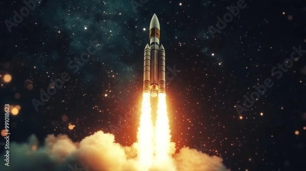 Fototapeta Rocket launch into space with a starry sky in the background.