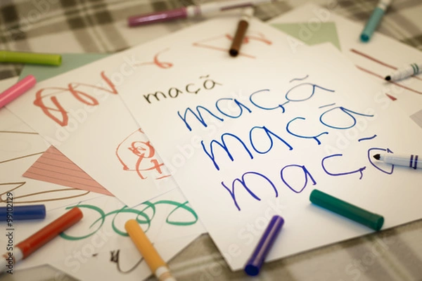 Fototapeta Portuguese; Kids Writing Name of the Fruits for Practice