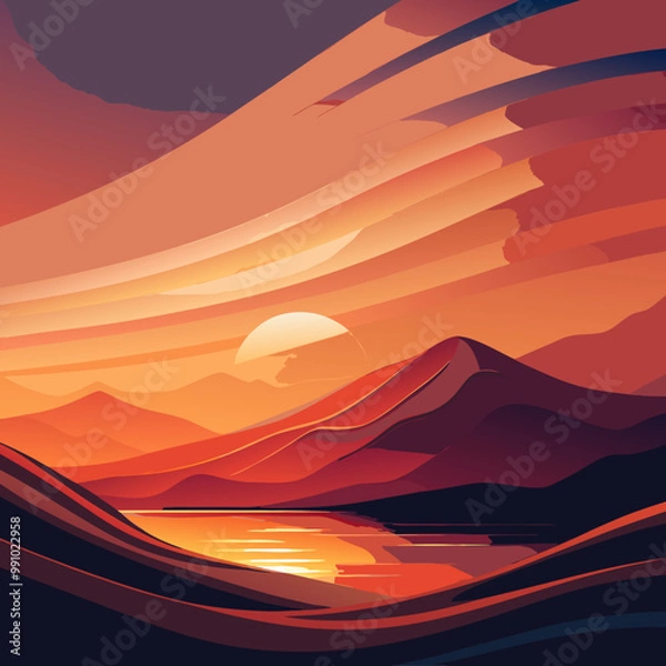 Fototapeta Abstract Sunset Landscape with Mountains and Reflected Light Over Water – Modern Vector Illustration