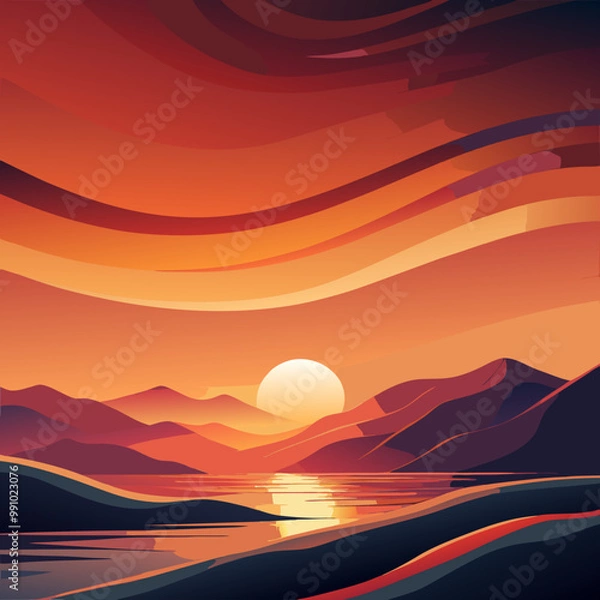 Fototapeta Abstract Sunset Landscape with Mountains and Reflected Light Over Water – Modern Vector Illustration