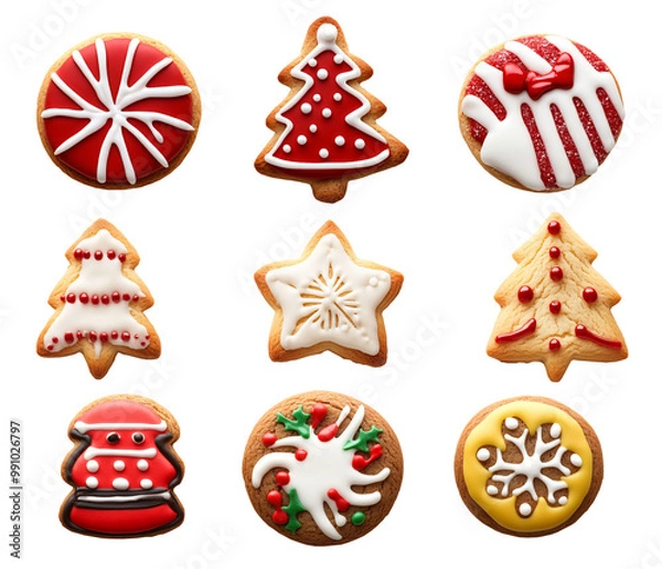 Fototapeta Set of Christmas Gingerbread, Christmas cookies or Christmas biscuits, top view with transparent background, smooth blur edge