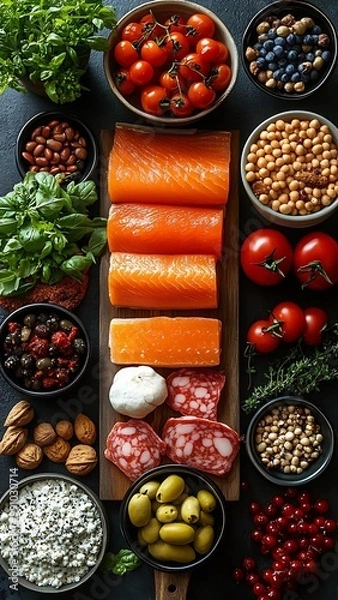 Fototapeta Top View of Fresh Mediterranean Ingredients Including Salmon, Tomatoes, Olives, Nuts, and Herbs for a Healthy and Balanced Diet