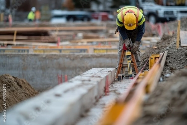Obraz Construction worker measuring and preparing a foundation at a building site.