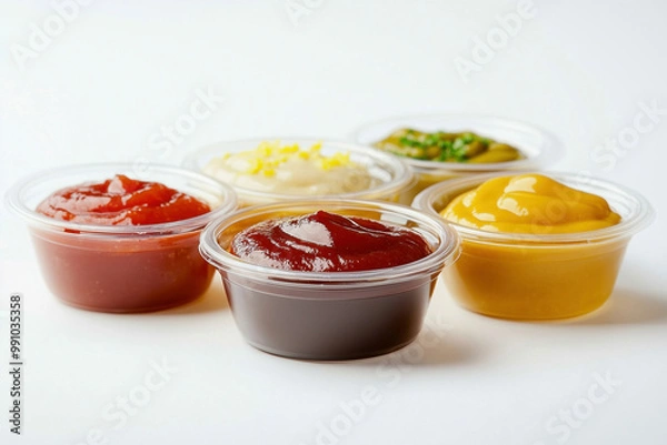 Obraz Bowls of five dipping sauces on a white background