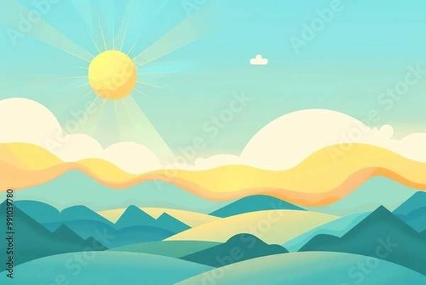 Fototapeta Sunny day, with clear skies and sunshine, flat design illustration