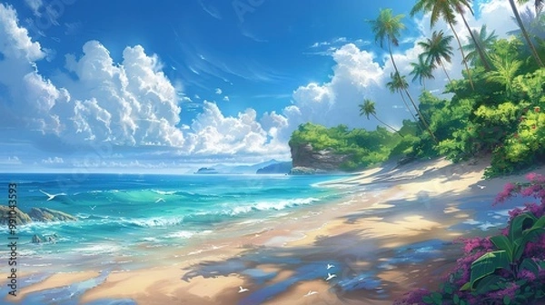 Fototapeta A captivating seaside ocean natural scenery. The ocean stretches as far as the eye can see, its waves rolling in with a soothing rhythm. The sky above is a beautiful blend of blues and whites. The san