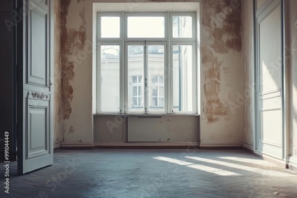 Fototapeta Bright, Empty Interior of a Renovated Room With Large Windows Letting in Sunlight During the Afternoon