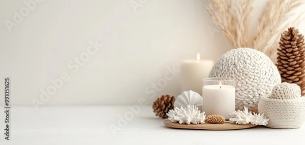 Fototapeta Tranquil Candlelight Still Life on White Wooden Surface - Serene Home Decor in Neutral Tones