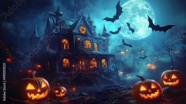 Fototapeta A spooky haunted house with glowing jack-o-lanterns and bats flying around a full moon.