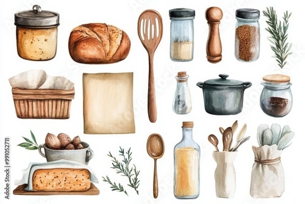 Fototapeta Whimsical Watercolor Sticker Set of Baking Utensils and Ingredients for Planners and Recipe Books