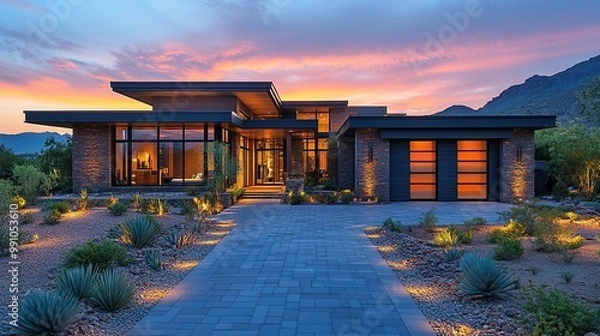 Obraz Upscale Arizona home at dusk, LED lights illuminate the driveway.