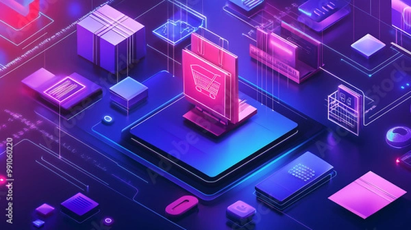 Fototapeta Cyber Monday shopping experience with various online stores offering special deals, set in a digital environment