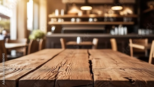 Fototapeta Rustic wooden table and chairs set in a cozy cafe, perfect for enjoying a coffee