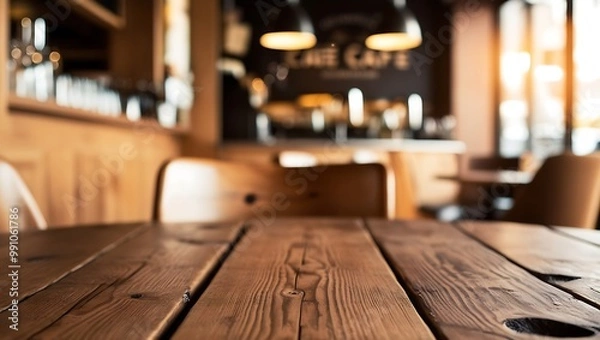 Fototapeta Rustic wooden table and chairs set in a cozy cafe, perfect for enjoying a coffee