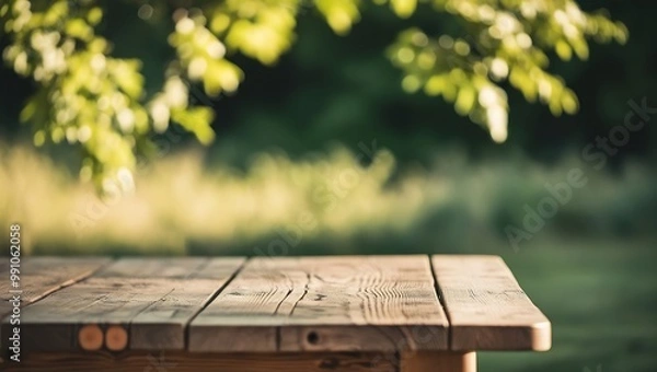 Fototapeta A wooden picnic table in a park surrounded by nature with trees and grass during a sunny day