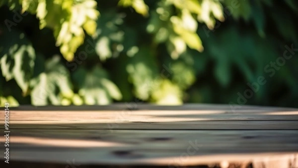 Fototapeta A wooden picnic table in a park surrounded by nature with trees and grass during a sunny day