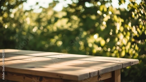Obraz A wooden picnic table in a park surrounded by nature with trees and grass during a sunny day