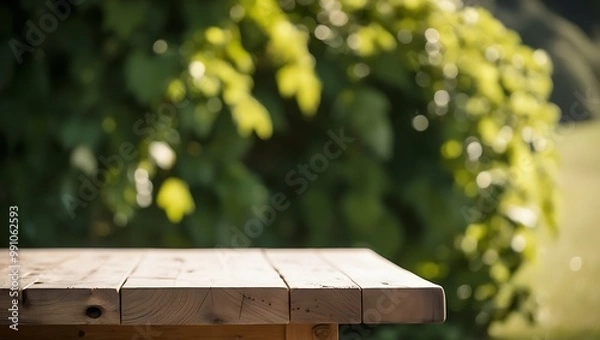 Fototapeta A wooden picnic table in a park surrounded by nature with trees and grass during a sunny day