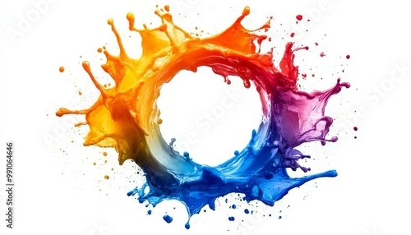 Fototapeta Vibrant Burst of Colorful Paint Splashes in Circular Formation on White Background - Abstract Liquid Art Design for Creative Projects