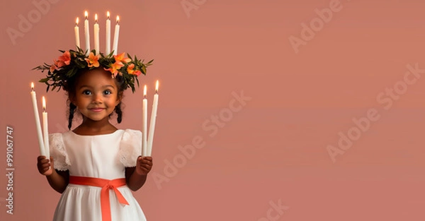 Fototapeta A little african girl dressed as Saint Lucia, with a green wreath on her head, in a white dress with a red belt and holding candles in her hands. Pink pastel background. Hyper-realistic photo.