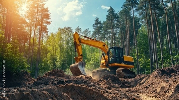 Fototapeta Excavator digging dirt in a forest with sunlight shining through the trees.