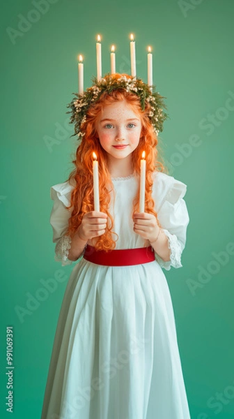 Fototapeta A red-haired girl dressed as Saint Lucia, with a green wreath on her head, in a white dress with a red belt and holding candles in her hands. Green pastel background. Hyper-realistic photo.