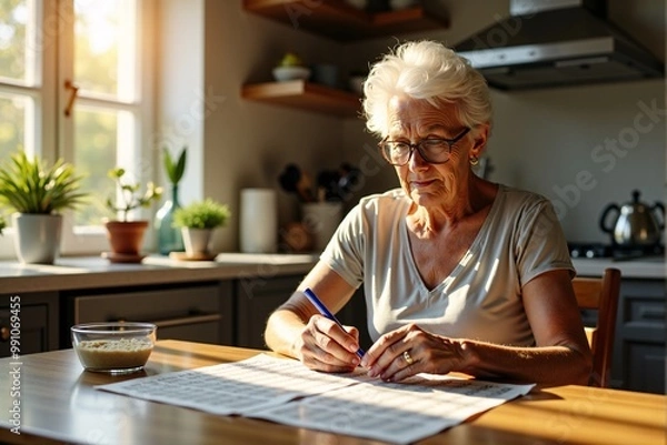 Fototapeta Older woman doing a crossword puzzle while sitting in a sunny kitchen