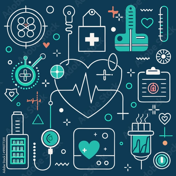 Fototapeta Medical and Healthcare Icon Set – Vector Illustrations with Lab Equipment, Heart Monitors, and Medicine