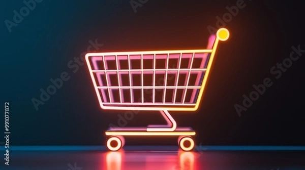 Fototapeta A vibrant neon shopping cart glows against a dark background, symbolizing modern retail and online shopping.