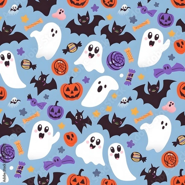Fototapeta Ghosts and Bats Halloween Pattern with Cute Pastel Aesthetic