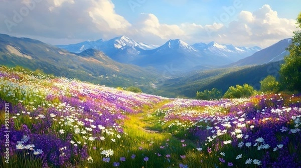 Fototapeta Spring mountain landscape with vibrant wildflower meadow and distant blue ranges under a clear sky, illuminated by soft sunlight and golden hour glow, creating a panoramic vista.