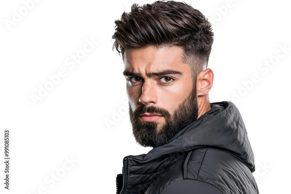 Fototapeta A man with a beard and a black jacket