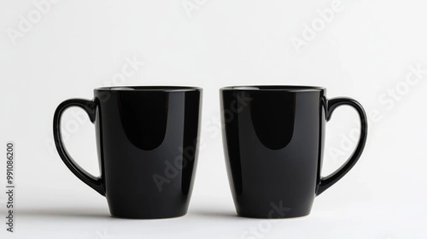Fototapeta Two glossy black coffee mugs with a minimalist design on a white background, highlighting simplicity and elegance.